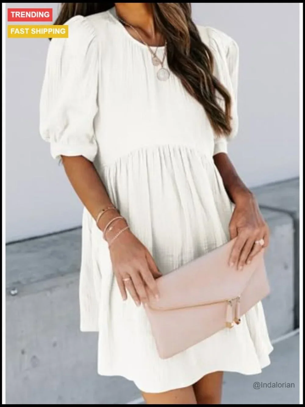 Summer Crewneck Puff Sleeve Babydoll Empire Waist Mini Swing Skater Dress with